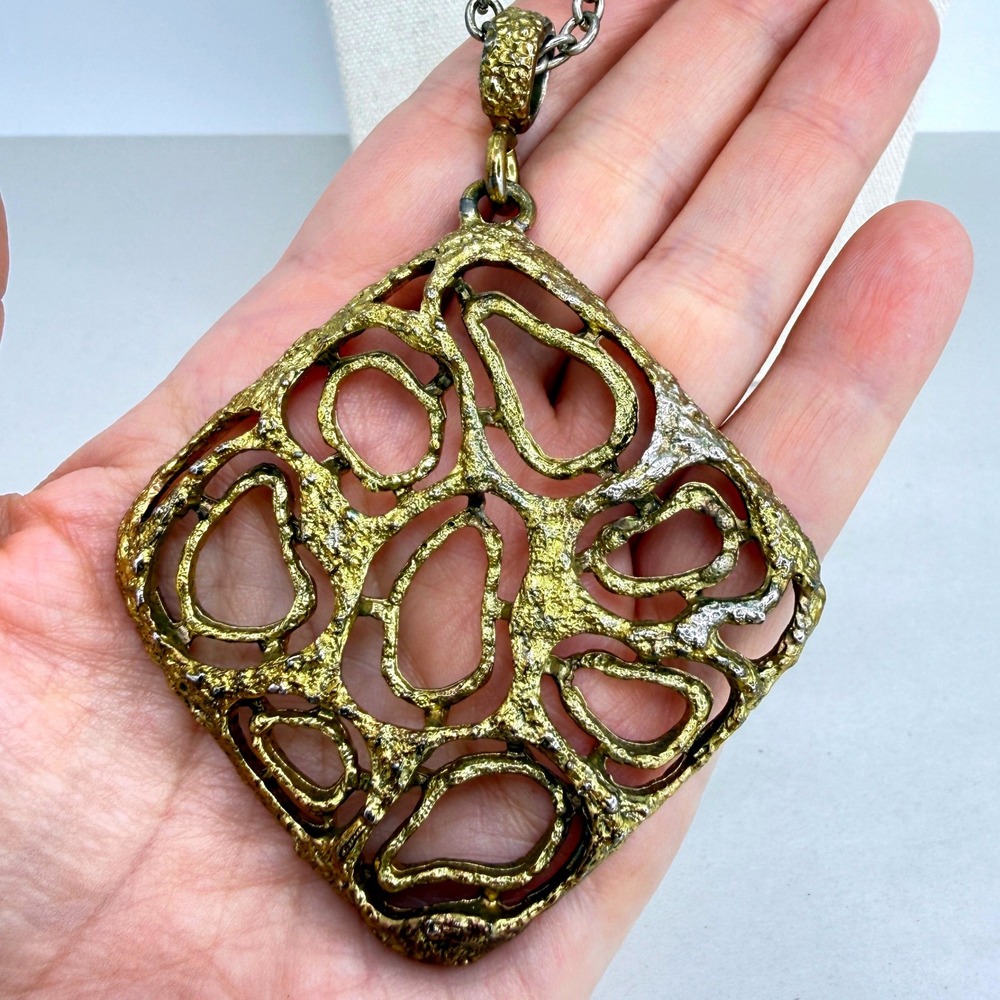Vintage Brutalist Statement‎ Necklace Large Molten Gold Tone Textured Geometric